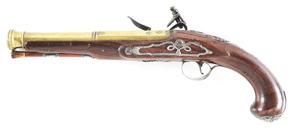 FINE SILVER MOUNTED BRITISH OFFICER'S PISTOL BY STANTON, WITH BRASS CANNON BARREL