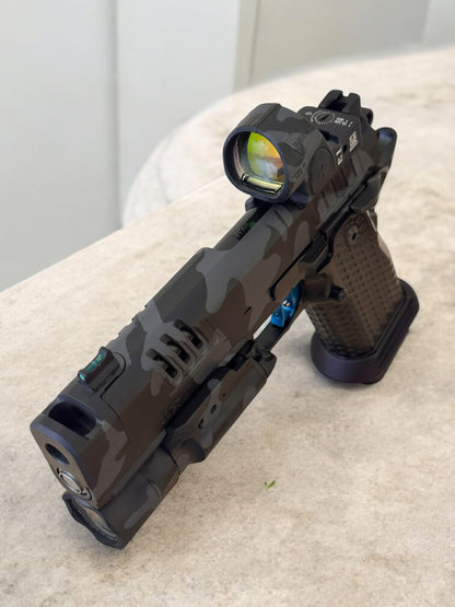 STACCATO CUSTOM XC BLACK CAMO WITH ATLAS METAL GRIPS AND TRIGGER TRIJICON SRO & X300