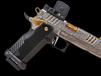 STACCATO CUSTOM XC “VITA FINITA” SILVER/COPPER WITH T7 GRIPS, TRIJICON RCR AND EDGE TRIGGER.