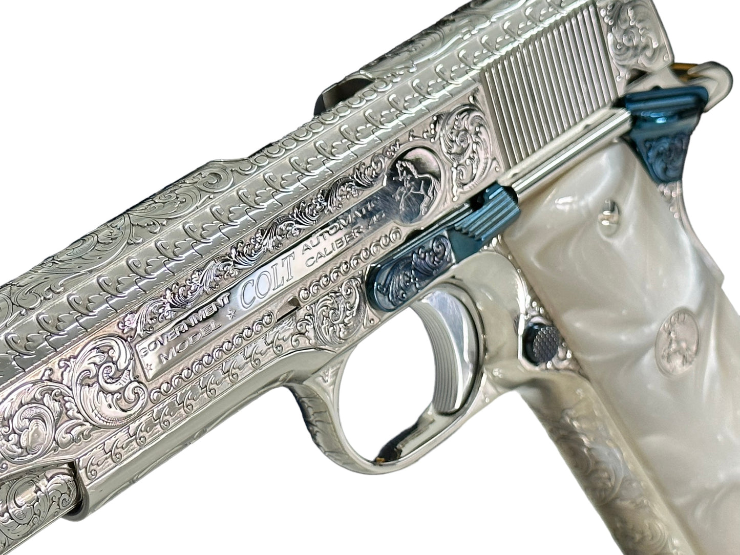 COLT CUSTOM 1911 HIGH POLISHED AND NICKEL PLATED WITH NITRO BLUE ACCENTS FULLY ENGRAVED .45acp