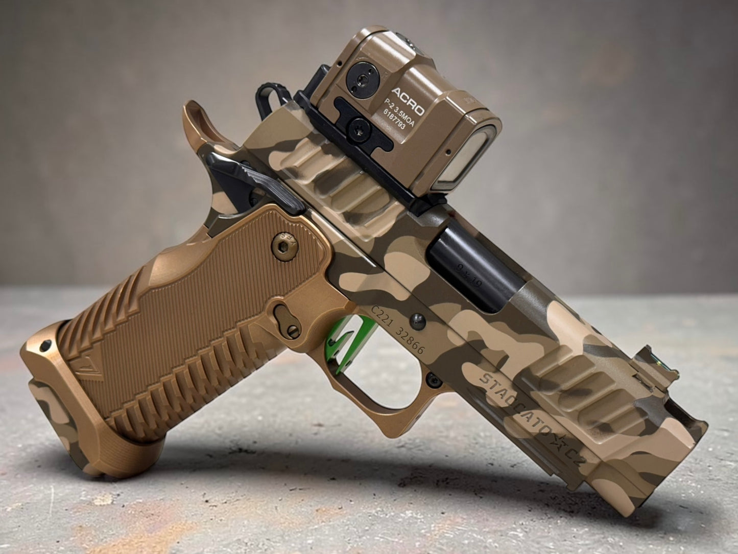 STACCATO CUSTOM C2 PORTED 3.9"
MULTICAM WITH T7 ALUMINUM GRIPS, APE AIMPOINT ACRO P2 & RED DIRT "EDGE" TRIGGER