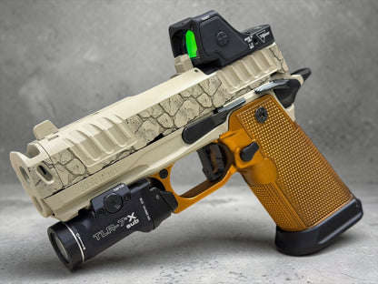 STACCATO CUSTOM P4X ENGRAVED PORTED COMPENSATED WITH ALUMINUM GRIPS AND INFINITY TRIGGER