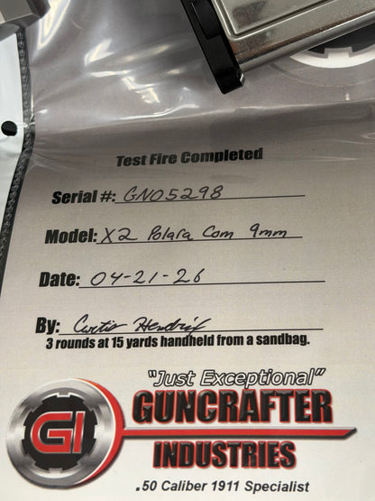 GUNCRAFTER POLARA X2 PORTED 9MM COMMANDER POLISHED CHROME FINISH WITH TRIJICON SRO