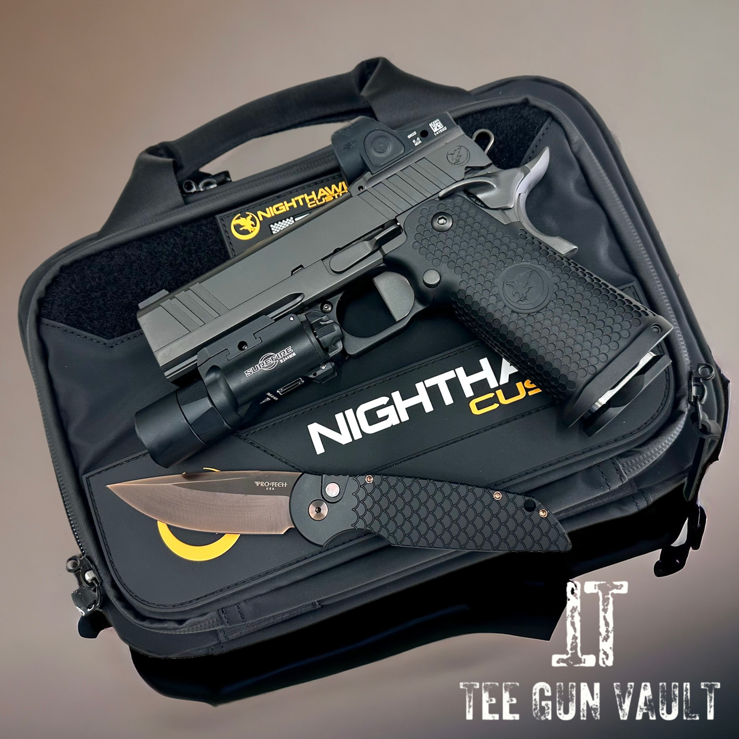 NIGHTHAWK CUSTOM TRS COMMANDER DOUBLE STACK 9MM WITH PRO TECH KNIFE SRO AND X300