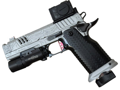 SILVER “TRIBAL DRAGON” FULLY CUSTOMIZED STACCATO XC STEEL GRIPS ENGRAVED, CERAKOTE WITH ACRO P2 & X300