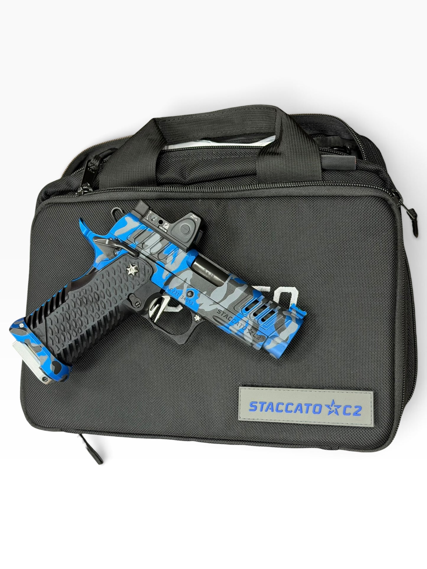 STACCATO CUSTOM C2 BLUE CAMO PORTED 3.9” DLC BARREL WITH T7 AGGRESSIVE GRIP, EDGE TRIGGER AND RMR