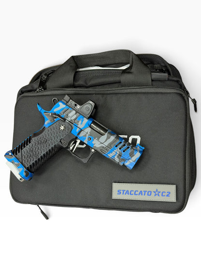 STACCATO CUSTOM C2 BLUE CAMO PORTED 3.9” DLC BARREL WITH T7 AGGRESSIVE GRIP, EDGE TRIGGER AND RMR