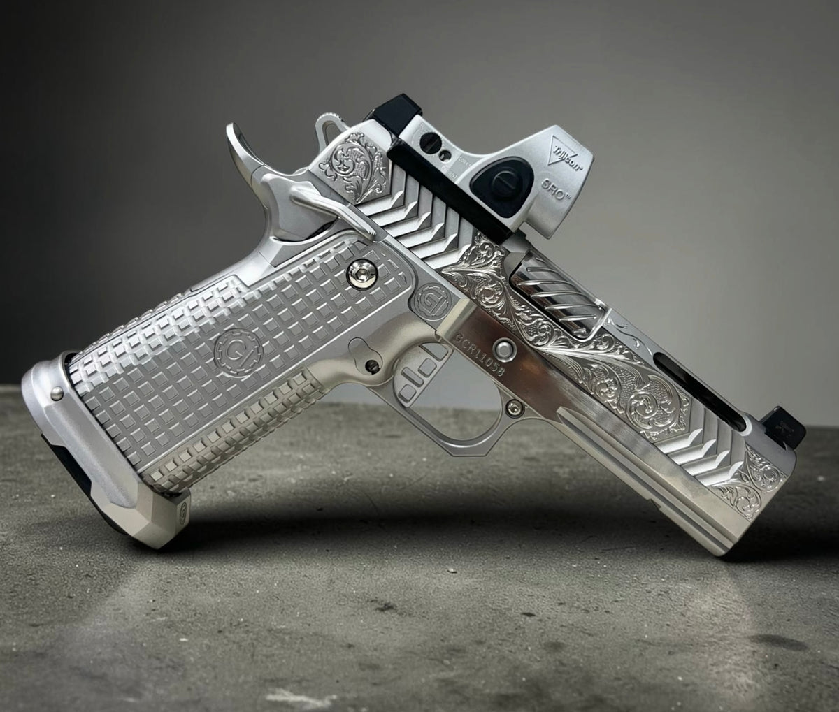 GUNCRAFTER POLARA X2 PORTED 4.25” COMMANDER FULL CHROME AND HAND ENGRAVED WITH MATCHING TRIJICON SILVER SRO