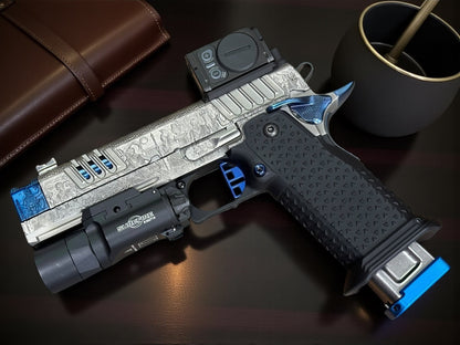 STACCATO CUSTOM XC “AEGIS” GREY/POLISHED BLUE PVD FINISH ATLAS GRIPS RED DIRT TRIGGER ACRO P2 & X300