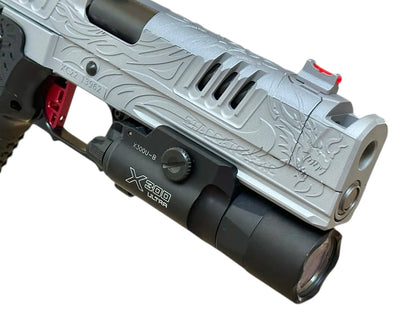 SILVER “TRIBAL DRAGON” FULLY CUSTOMIZED STACCATO XC STEEL GRIPS ENGRAVED, CERAKOTE WITH ACRO P2 & X300