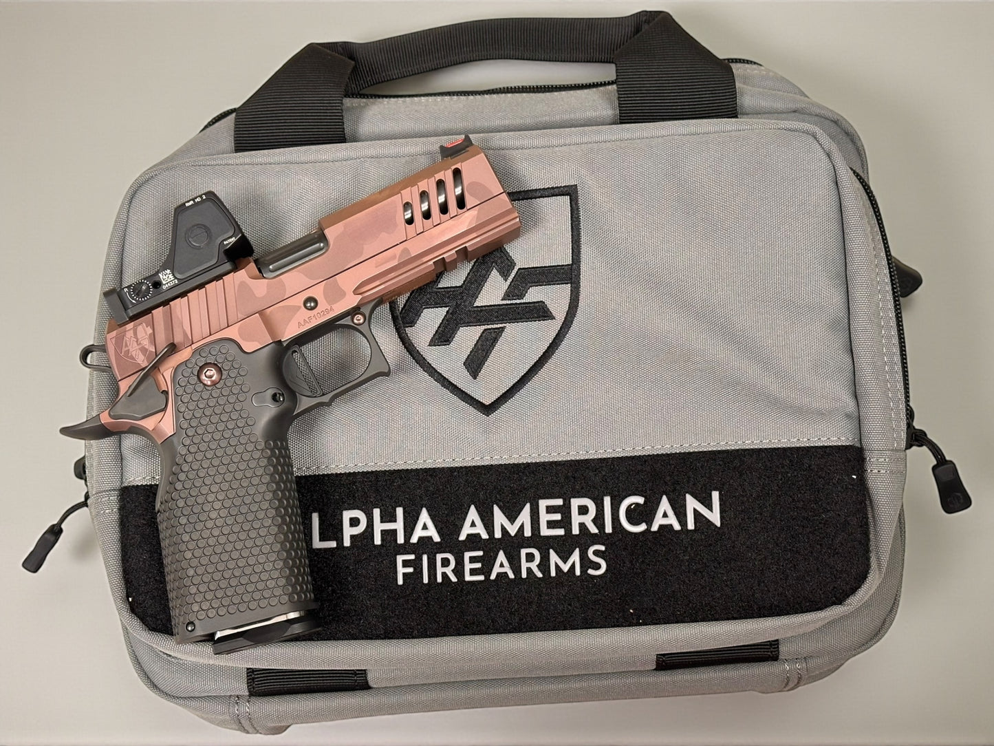 ALPHA AMERICAN VANGUARD 4.25” PORTED DLC ROSE GOLD CAMO WITH TRIJICON RMR HD AND ALUMINUM GRIPS 9mm