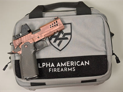 ALPHA AMERICAN VANGUARD 4.25” PORTED DLC ROSE GOLD CAMO WITH TRIJICON RMR HD AND ALUMINUM GRIPS 9mm