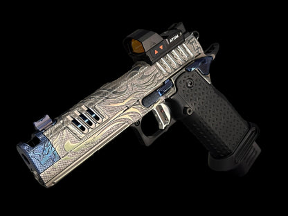 STACCATO CUSTOM XC “TRIBAL DRAGON” SILVER/BLUE PVD WITH ATLAS GRIPS AND APEX ATOM OPTIC
