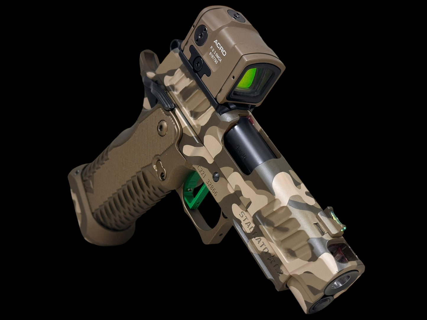 STACCATO CUSTOM C2 PORTED 3.9"
MULTICAM WITH T7 ALUMINUM GRIPS, AIMPOINT ACRO P2 & INFINITY TRIGGER