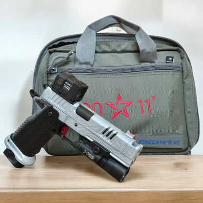 SILVER “TRIBAL DRAGON” FULLY CUSTOMIZED STACCATO XC STEEL GRIPS ENGRAVED, CERAKOTE WITH ACRO P2 & X300