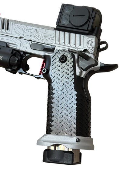 SILVER “TRIBAL DRAGON” FULLY CUSTOMIZED STACCATO XC STEEL GRIPS ENGRAVED, CERAKOTE WITH ACRO P2 & X300