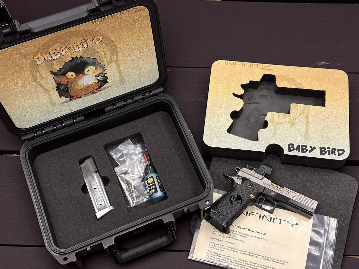 SVI/INFINITY “ANGRY” BABY BIRD CUSTOM 1 OF 1 COMMANDER SIGHT TRACKER 4.25” WITH TRIJICON SRO 9MM
