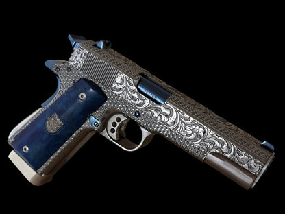 ARSENAL FIREARMS 1911 DOUBLE BARREL “SECOND CENTURY” 1 OF 1 SILVER/ BLUE PVD ENGRAVED WITH GLASS CASE