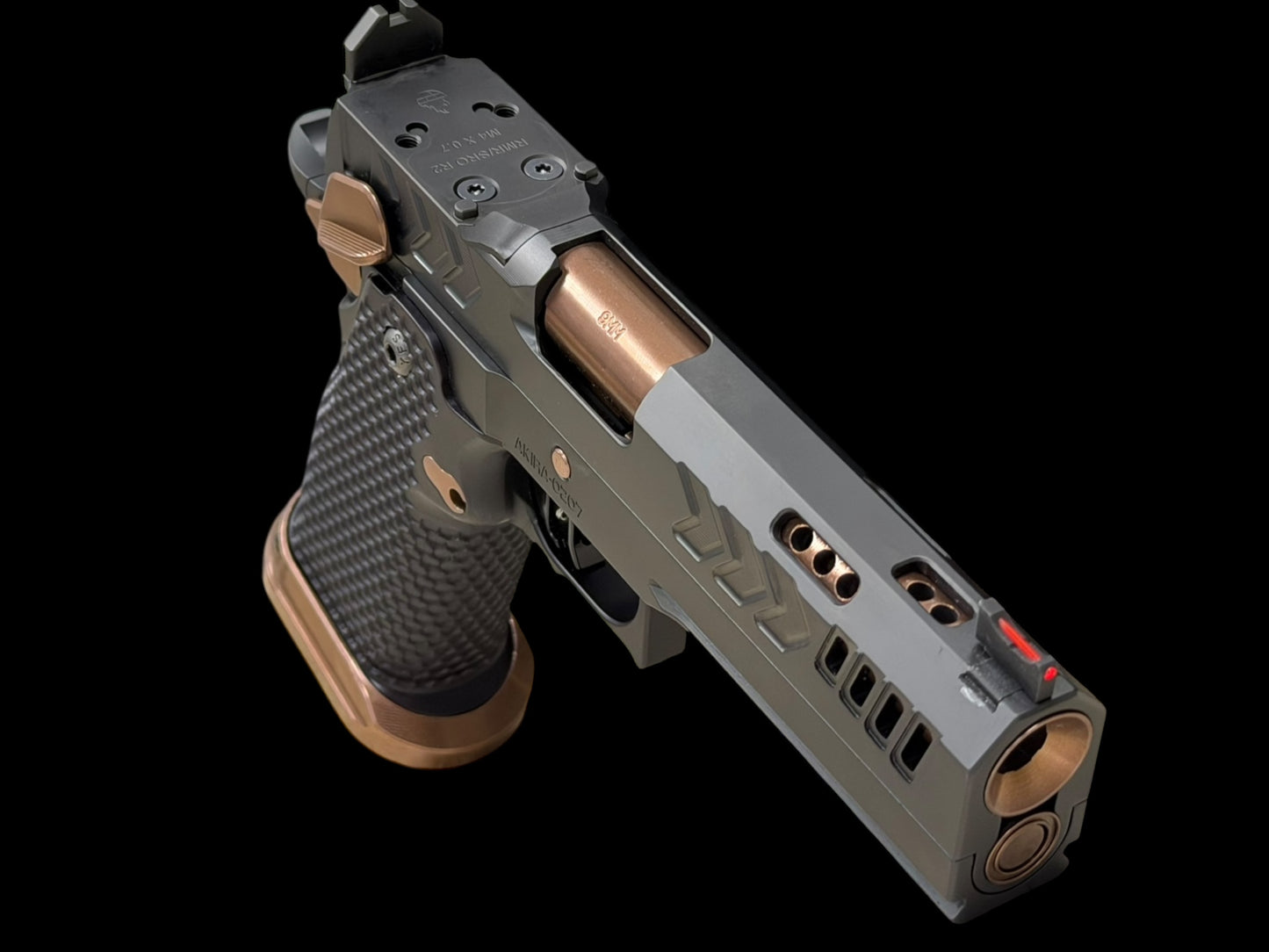 CNC GUNWORKS AKIRA PORTED 4.6”9MM  OPTIC READY IN BLACK DLC WITH ROSE GOLD BARREL AND PARTS.