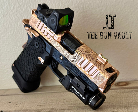 STACCATO CS PORTED FULLY ENGRAVED 1 OF 1 DRAGON SCALE IN 18K ROSE GOLD WITH TRIJICON RMR AND STREAMLIGHT TLR-7X