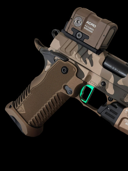 STACCATO CUSTOM C2 PORTED 3.9” MULTICAM WITH T7 ALUMINUM GRIPS INFINITY TRIGGER 9MM