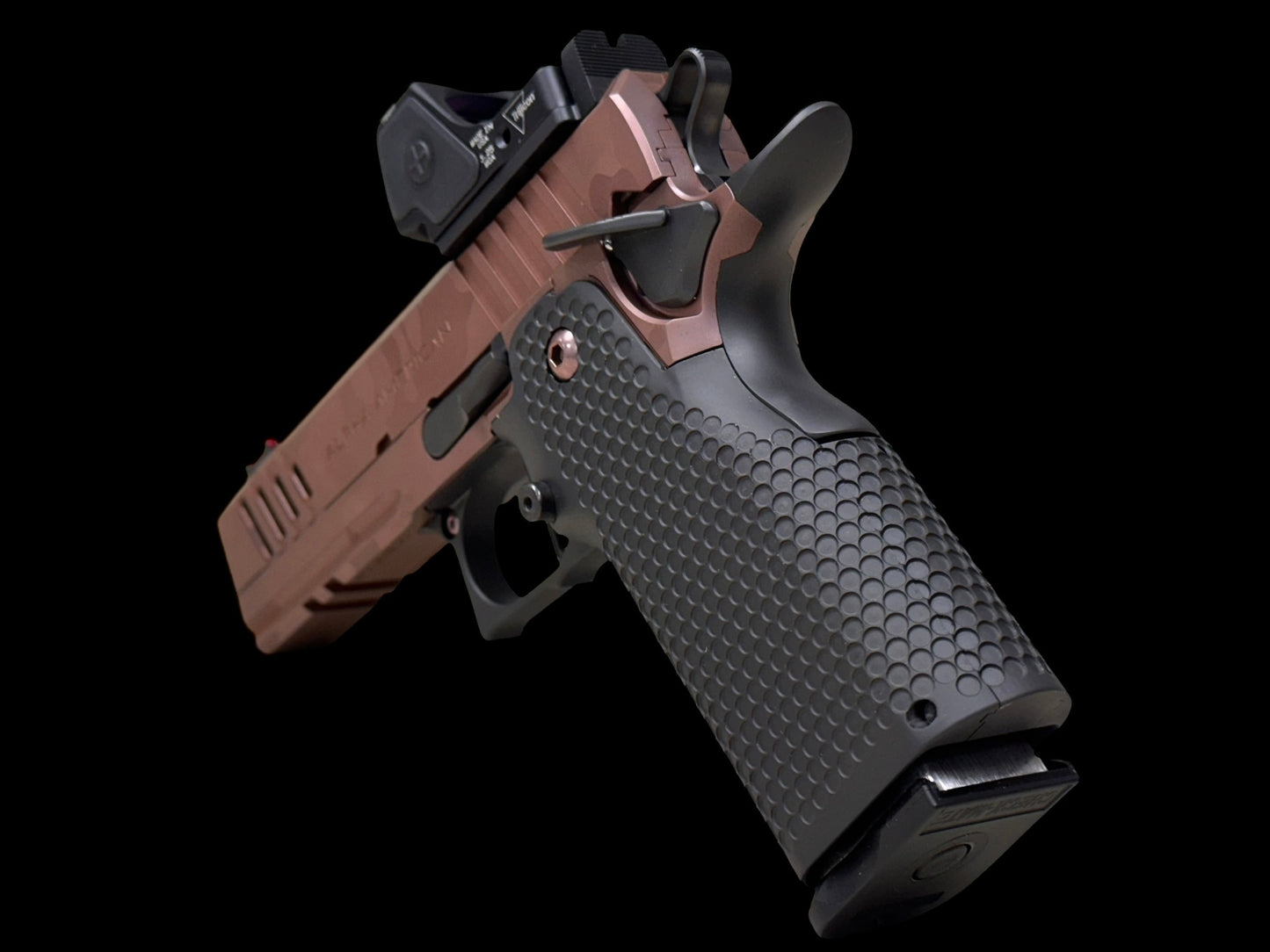 ALPHA AMERICAN VANGUARD 4.25” PORTED DLC ROSE GOLD CAMO WITH TRIJICON RMR HD AND ALUMINUM GRIPS 9mm