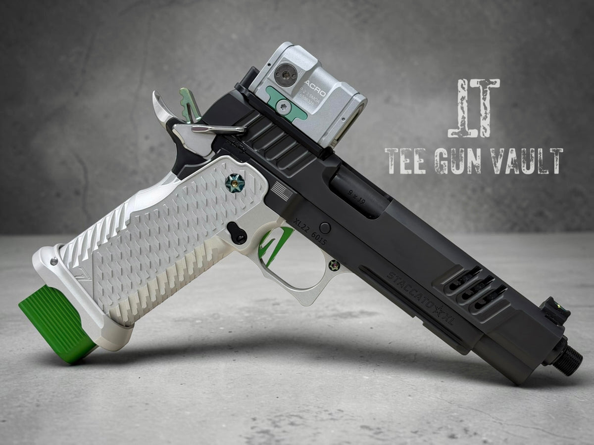 STACCATO CUSTOM XL 2011 THREADED DLC 5.4” BARREL WITH T7 ALUMINUM GRIPS, EDGE TRIGGER AND ACRO P2 SILVER