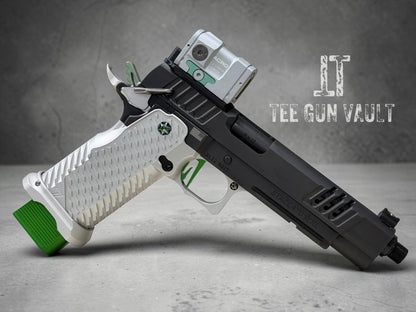 STACCATO CUSTOM XL 2011 THREADED DLC 5.4” BARREL WITH T7 ALUMINUM GRIPS, EDGE TRIGGER AND ACRO P2 SILVER