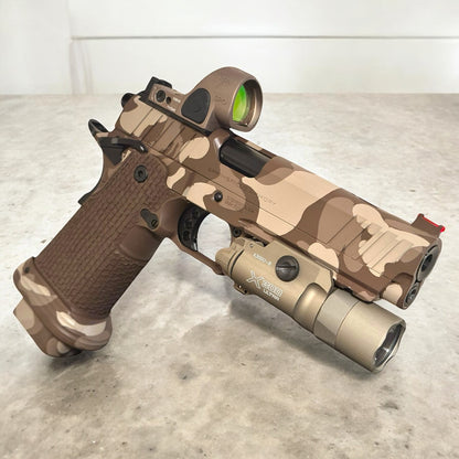 CUSTOM SPRINGFIELD PRODIGY 5” PORTED CAMO WITH SRO AND X300. TREE BARK GRIPS