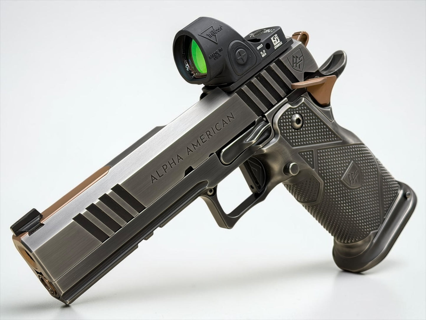 ALPHA AMERICAN WARFIGHTER ISLAND BARREL 9MM FULL STEEL BUILD WITH TRIJICON SRO