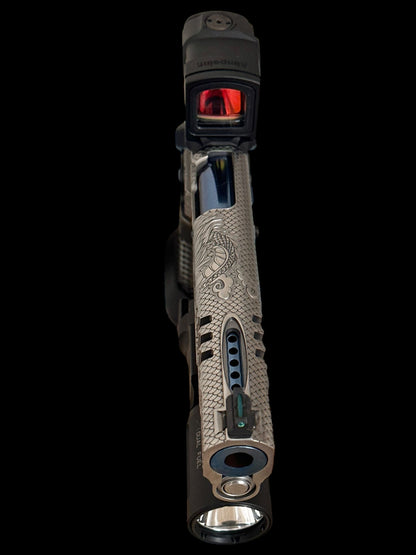 STACCATO CUSTOM XL “LAST SAMURAI” FULLY ENGRAVED PORTED IN SILVER/BLUE POLISHED PVD FINISH. ATLAS GRIPS AND TRIGGER