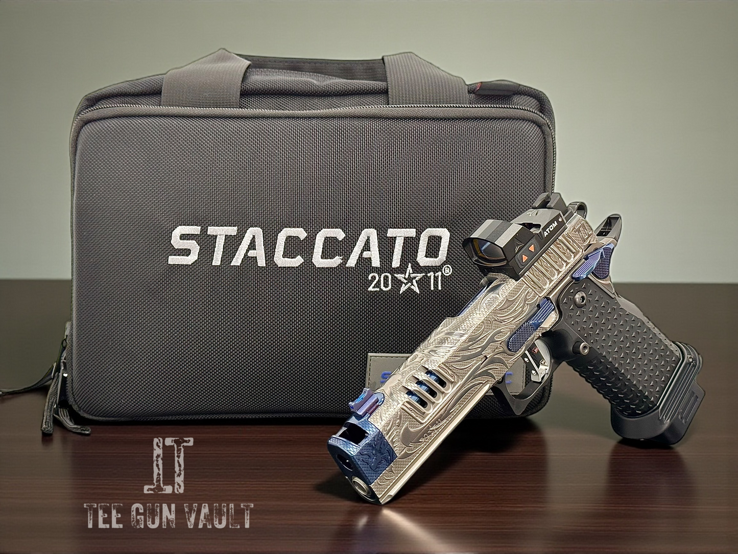 STACCATO CUSTOM XC “TRIBAL DRAGON” SILVER/BLUE PVD WITH ATLAS GRIPS AND APEX ATOM OPTIC