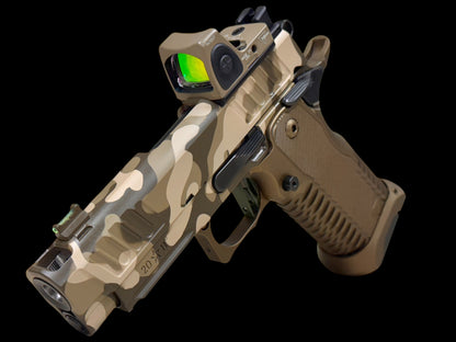 STACCATO CUSTOM C2 PORTED 3.9"
MULTICAM WITH T7 ALUMINUM GRIPS, TRIJICON RMR & RED DIRT "EDGE" TRIGGER