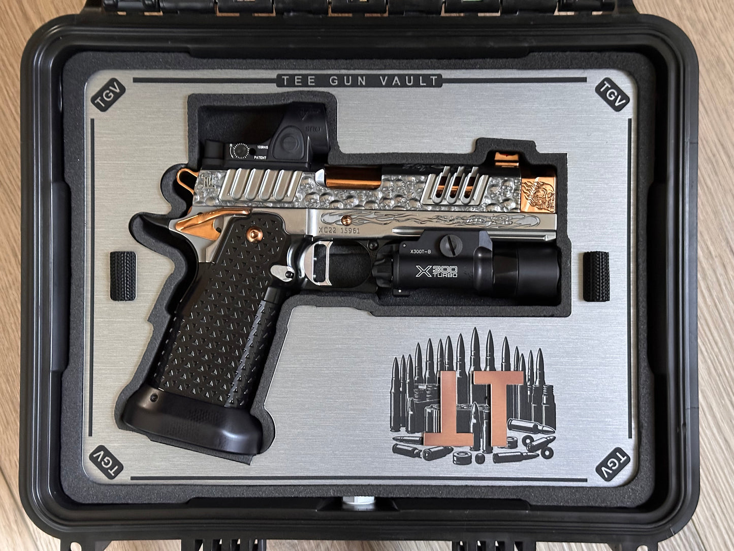 STACCATO CUSTOM XC “VITA FINITA” 3D ENGRAVED IN POLISHED PVD SILVER/COPPER FINISH.