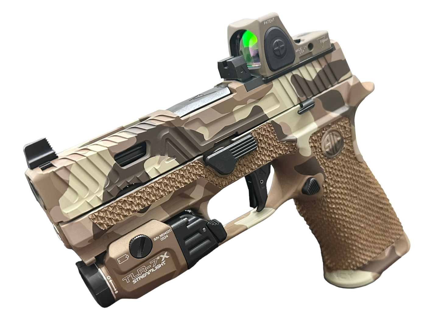 SIG SAUER P320 AGENCY ARMS FULL BUILD CAMO WITH TRIJICON RMR AND TLR 7 FLASHLIGHT