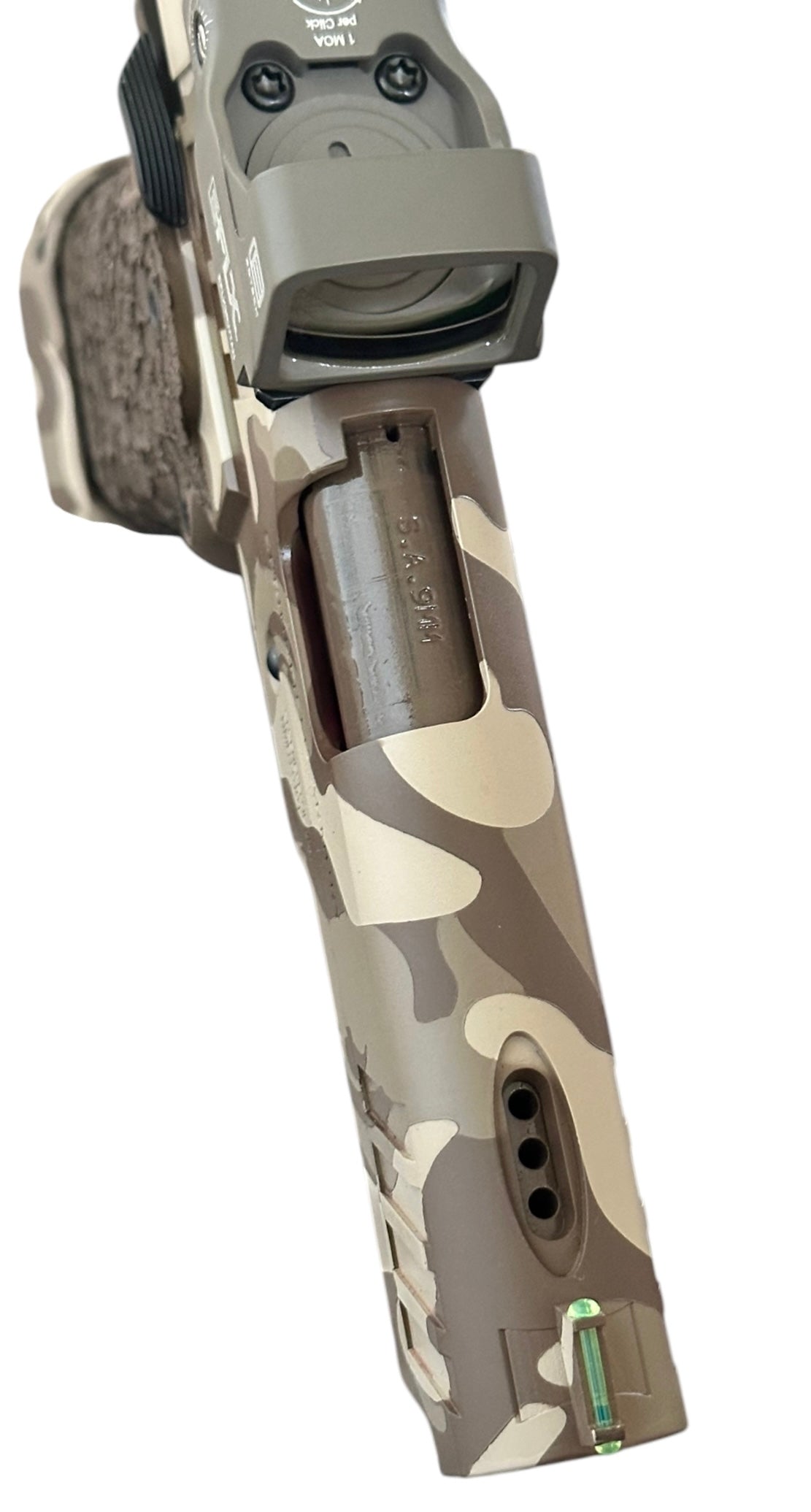 SPRINGFIELD PRODIGY 4.25” DOUBLE STACK CUSTOM. CAMO CERAKOTE DRAGON SCALE GRIPS WITH EOTECH EFLX