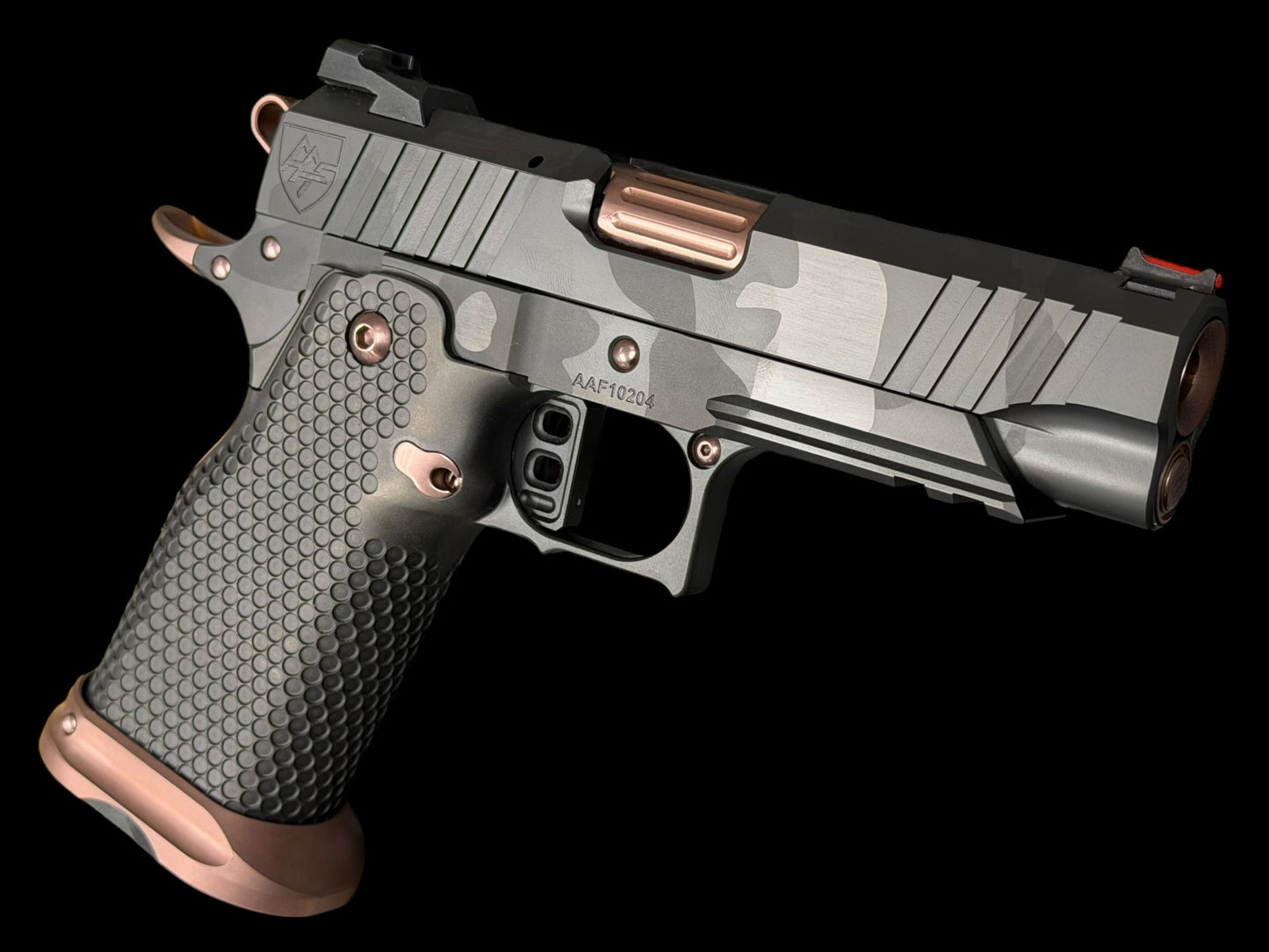 ALPHA AMERICAN AAF-4 PORTED COMMANDER DOUBLE STACK 9MM DLC CAMO/ROSE GOLD