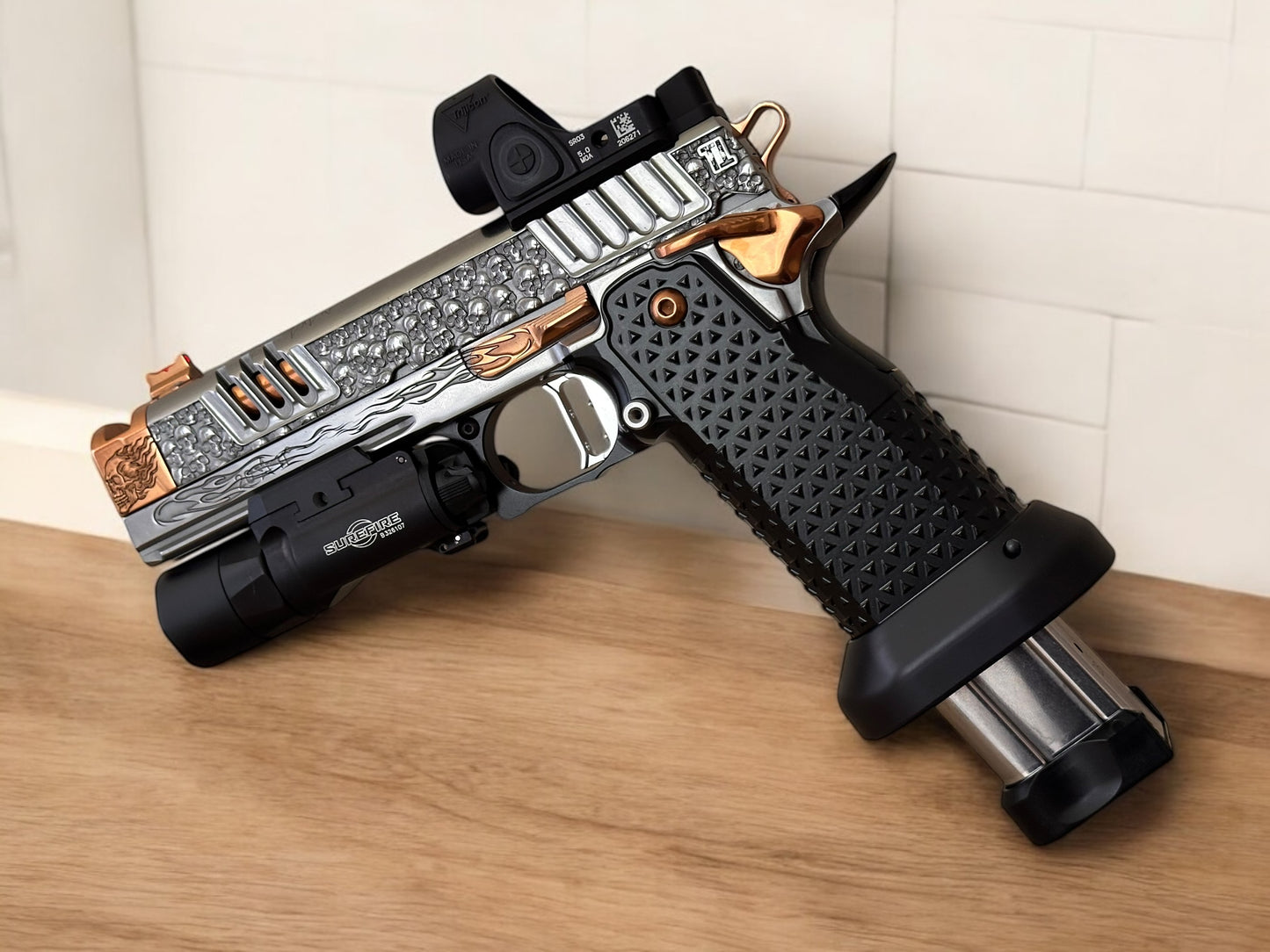 STACCATO CUSTOM XC “VITA FINITA” 3D ENGRAVED IN POLISHED PVD SILVER/COPPER FINISH.