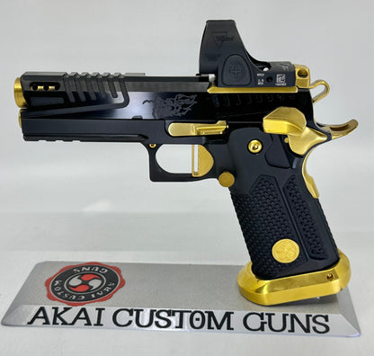 AKAI CUSTOM “DRAGON” PORTED LIMITED EDITION 1 OF 10 BLACK/ GOLD PVD FINISH WITH TRIJICON SRO 9MM
