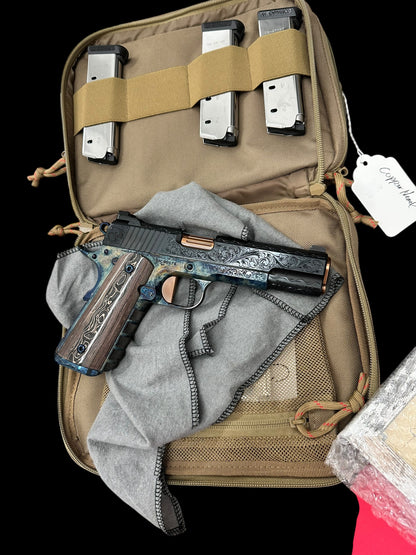 KINGS RIVER CUSTOM LEVEL III; CUSTOM WOOD DISPLAY CASE. HAND ENGRAVED CASE HARDENED .45ACP
