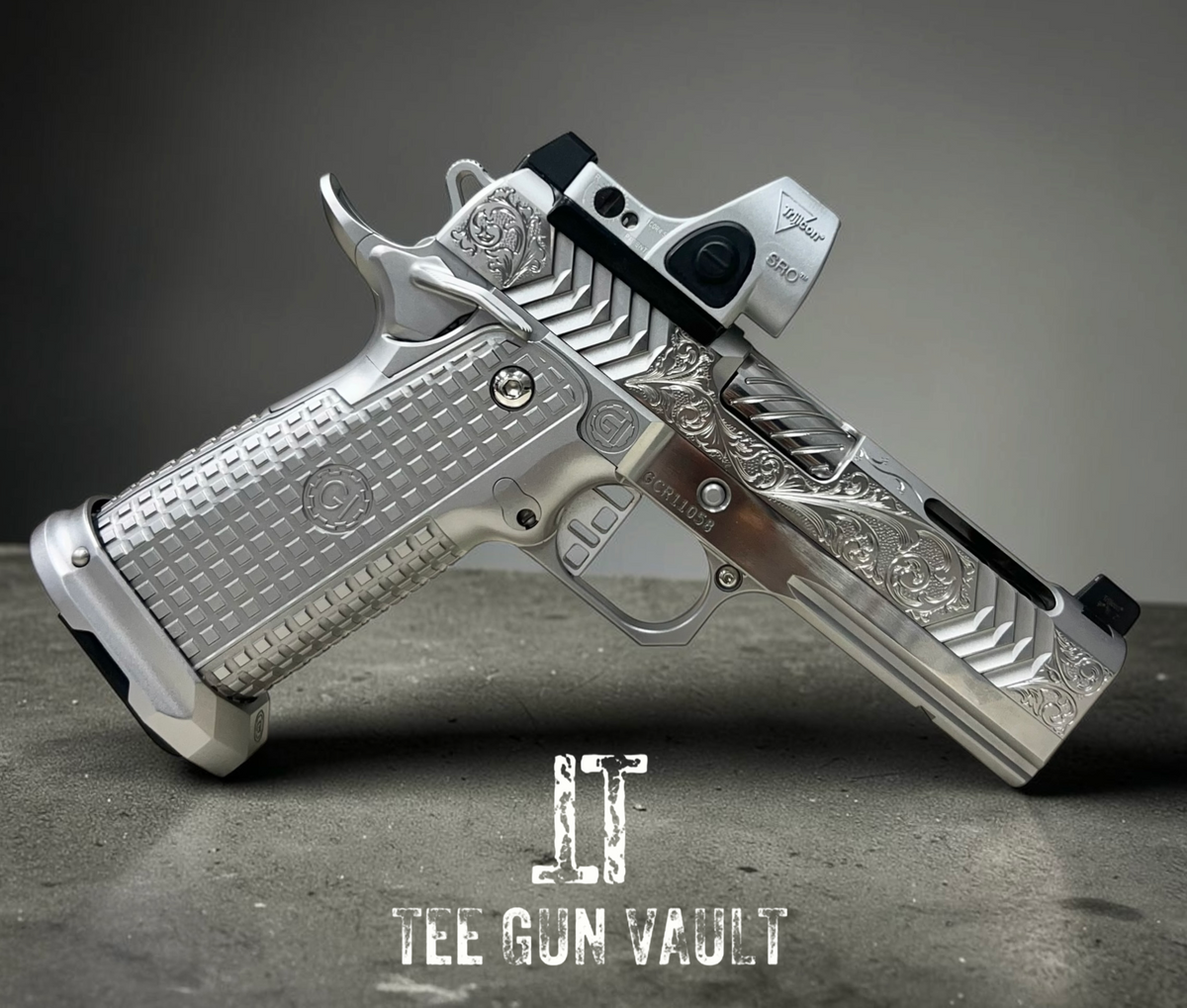 GUNCRAFTER POLARA X2 PORTED 4.25” COMMANDER FULL CHROME AND HAND ENGRAVED WITH MATCHING TRIJICON SILVER SRO
