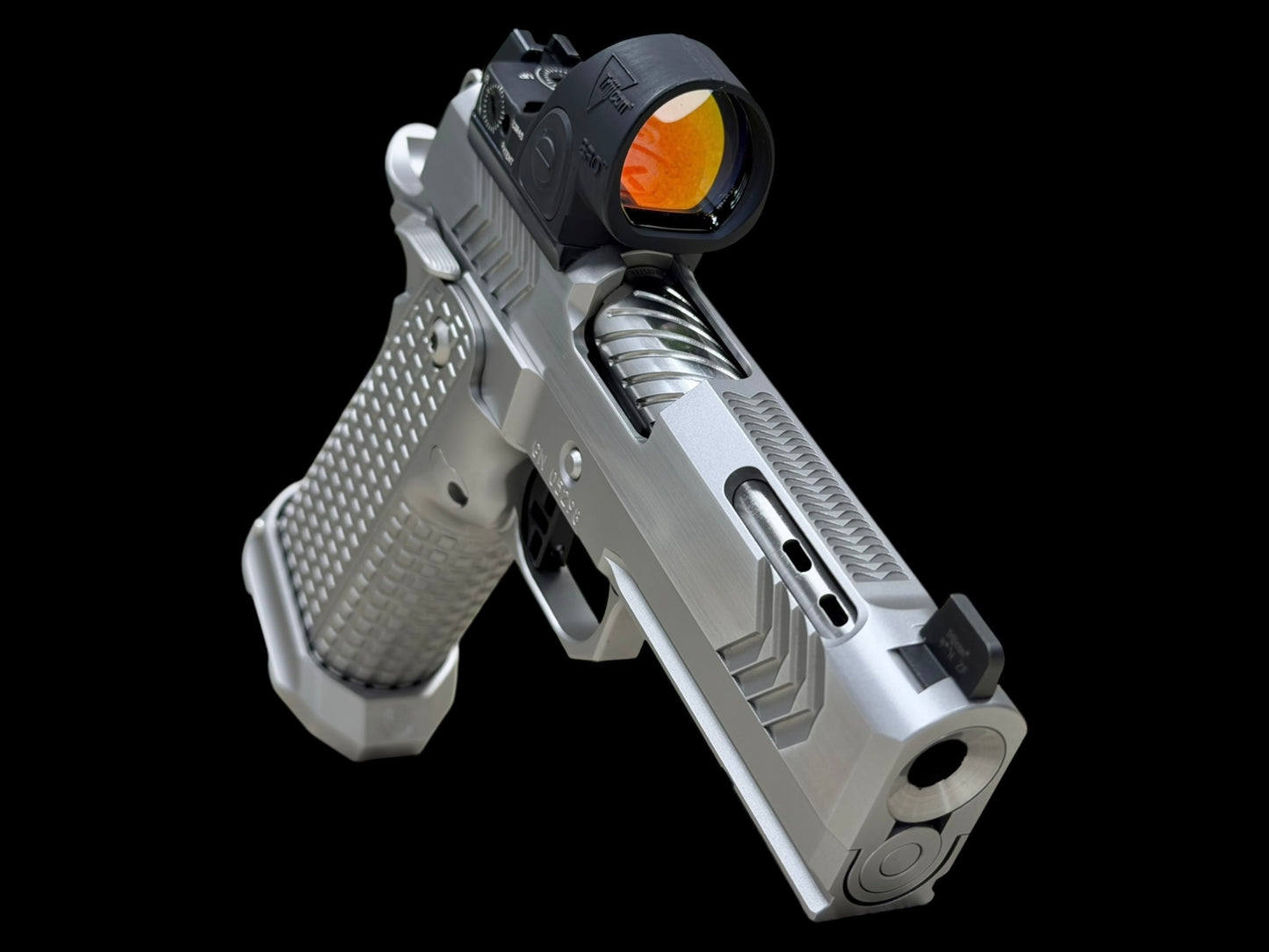 GUNCRAFTER POLARA X2 PORTED 9MM COMMANDER POLISHED CHROME FINISH WITH TRIJICON SRO