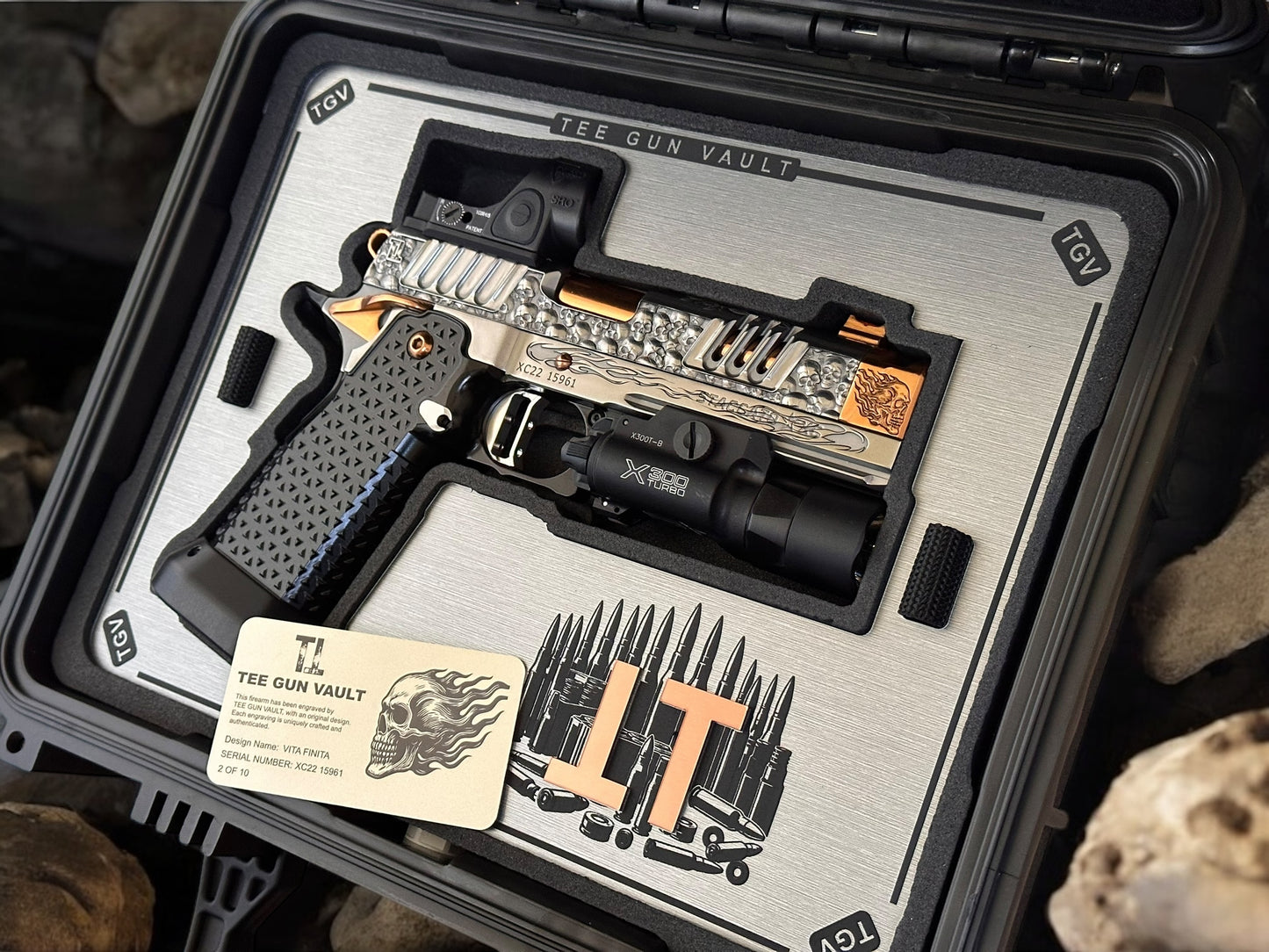 STACCATO CUSTOM XC “VITA FINITA” 3D ENGRAVED IN POLISHED PVD SILVER/COPPER FINISH.