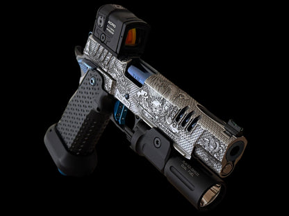 STACCATO CUSTOM XL “LAST SAMURAI” FULLY ENGRAVED PORTED IN SILVER/BLUE POLISHED PVD FINISH. ATLAS GRIPS AND TRIGGER