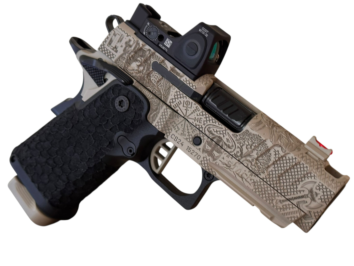 STACCATO CUSTOM CS “VIKING” PORTED 3.5” DESERT FINISH WITH TRIJICON RMRcc AND DRAGON SCALE GRIPS