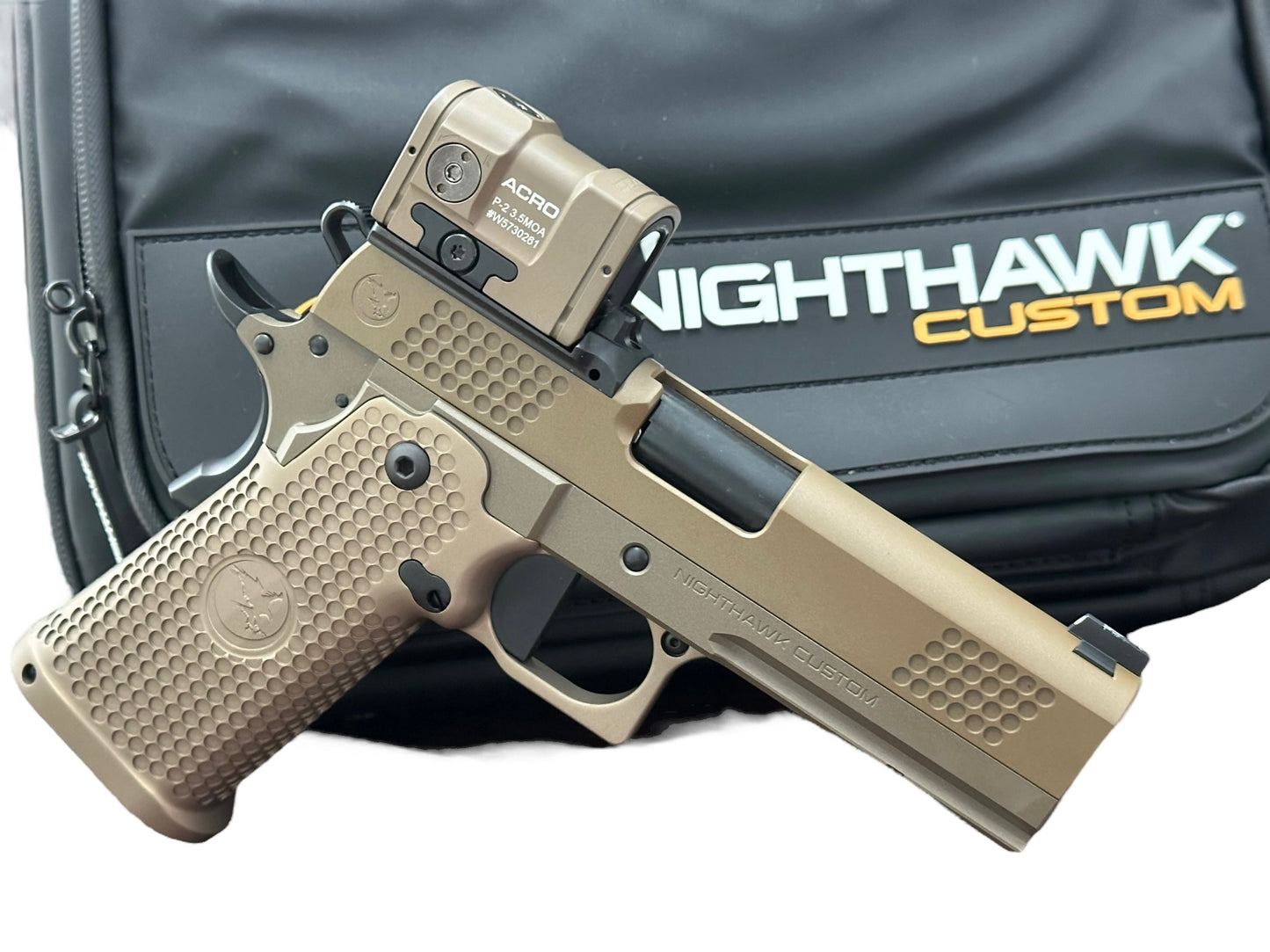 NIGHTHAWK CUSTOM TRS COMMANDER 4.25” 9MM IN SAND HAWK FINISH WITH AIMPOINT ACTO P2.