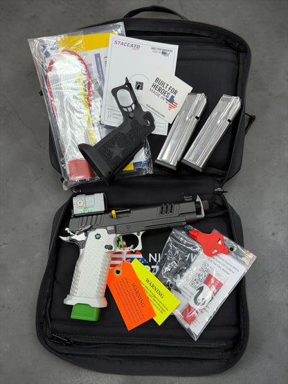 STACCATO CUSTOM XL 2011 THREADED DLC 5.4” BARREL WITH T7 ALUMINUM GRIPS, EDGE TRIGGER AND ACRO P2 SILVER