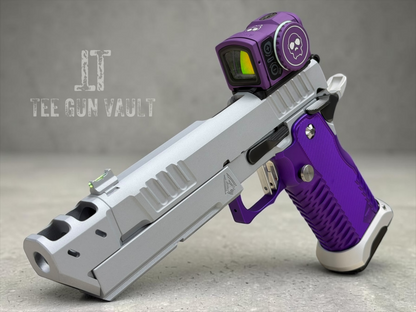 STACCATO P CUSTOM SILVER WITH T7 ALUMINUM GRIPS AND COMP AIMPOINT ACRO APE EDGE TRIGGER