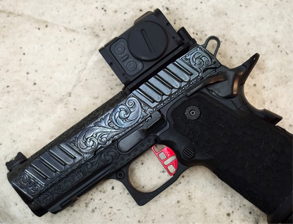 STACCATO CUSTOM CS 3.5” FULLY ENGRAVED SCROLL IN ROYAL BLUE FINISH WITH ACRO P2 OPTIC