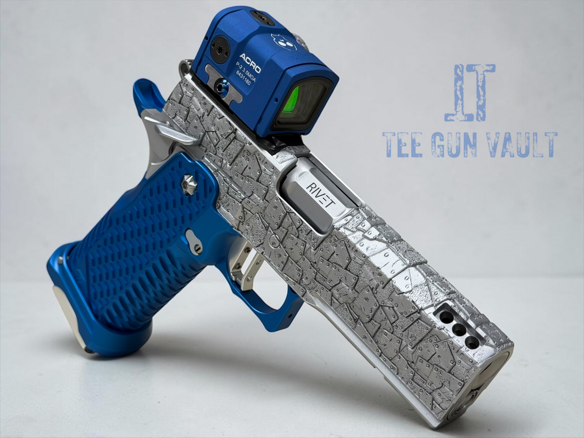 TEE GUN VAULT “RIVET” 1 OF 1 COMMANDER 4.25” V6 PORTED WITH KNIFE AND METEORITE ACRO P2